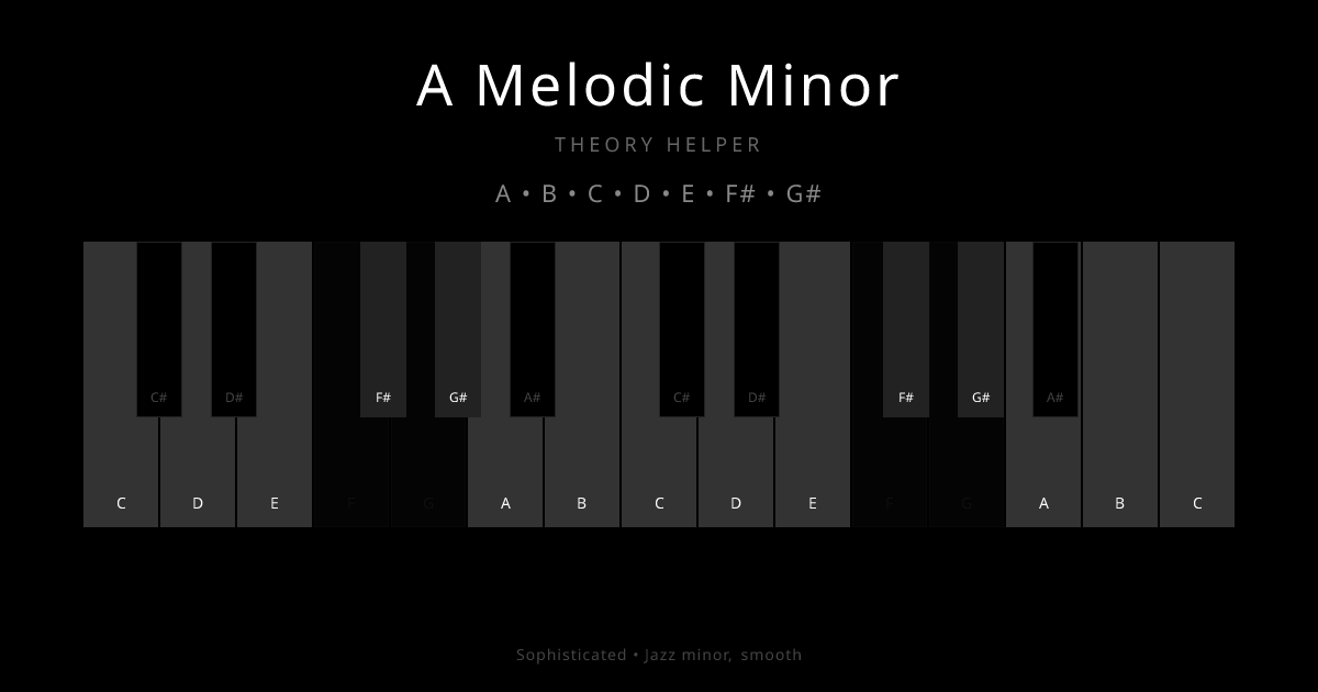 A Melodic Minor scale shown on piano keyboard with notes A, B, C, D, E, F#, G# highlighted