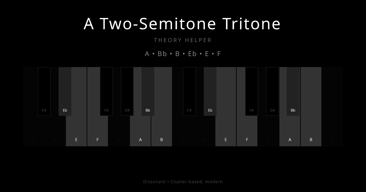 A Two-Semitone Tritone scale shown on piano keyboard with notes A, Bb, B, Eb, E, F highlighted