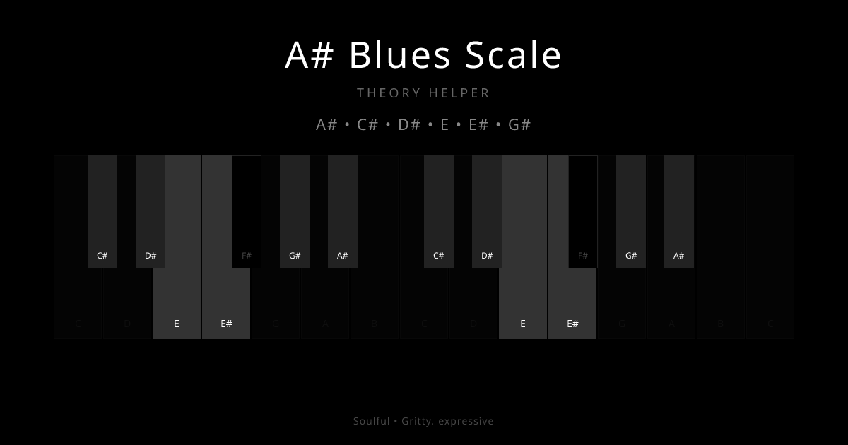 A# Blues Scale scale shown on piano keyboard with notes A#, C#, D#, E, E#, G# highlighted