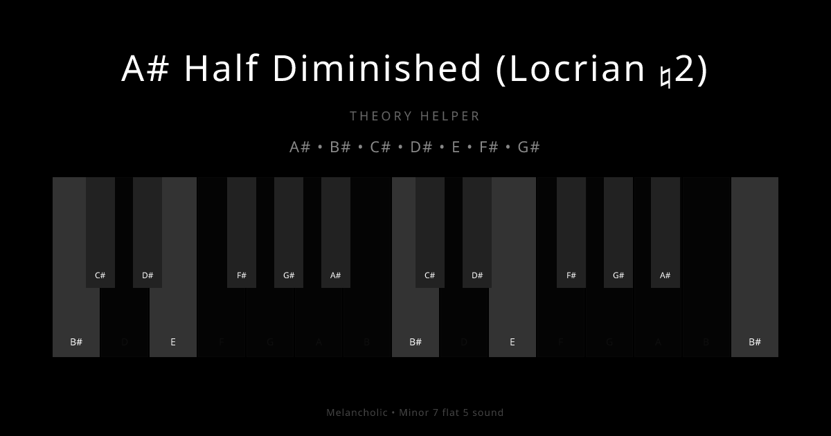 A# Half Diminished (Locrian ♮2) scale shown on piano keyboard with notes A#, B#, C#, D#, E, F#, G# highlighted