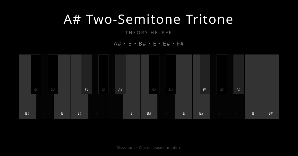 A# Two-Semitone Tritone scale shown on piano keyboard with notes A#, B, B#, E, E#, F# highlighted