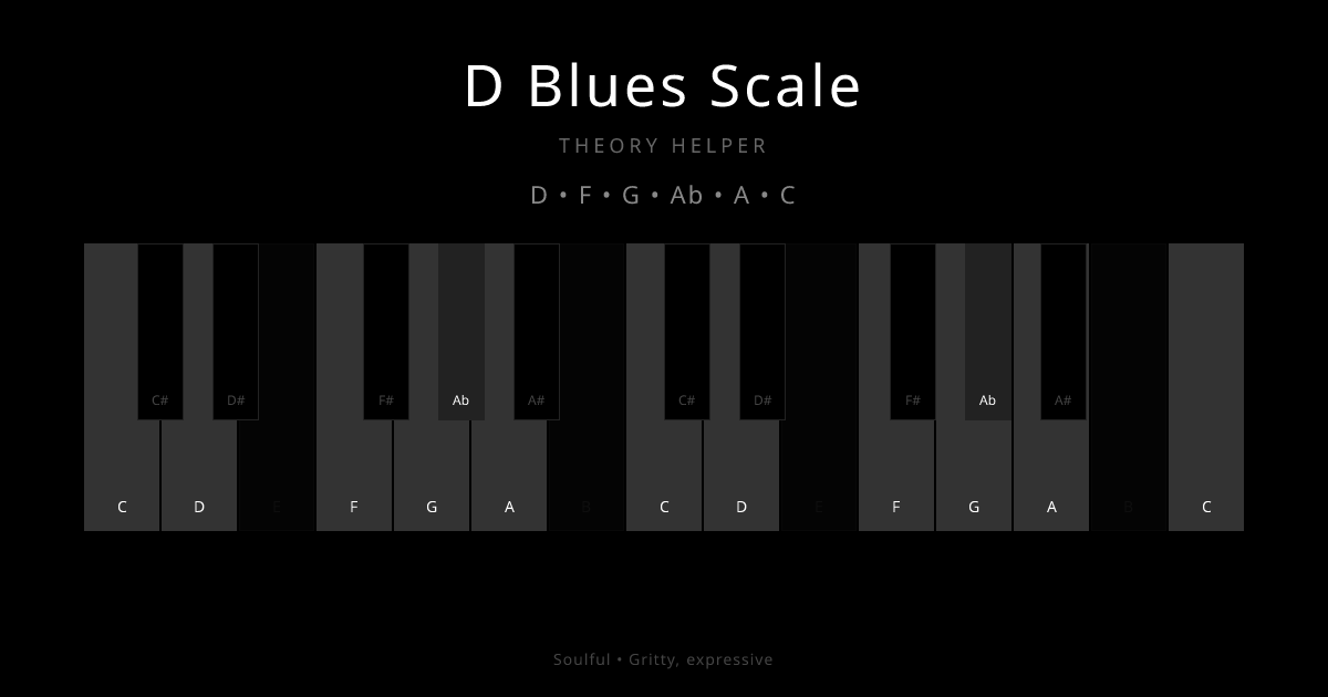 D Blues Scale scale shown on piano keyboard with notes D, F, G, Ab, A, C highlighted