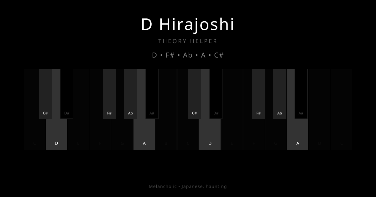 D Hirajoshi scale shown on piano keyboard with notes D, F#, Ab, A, C# highlighted