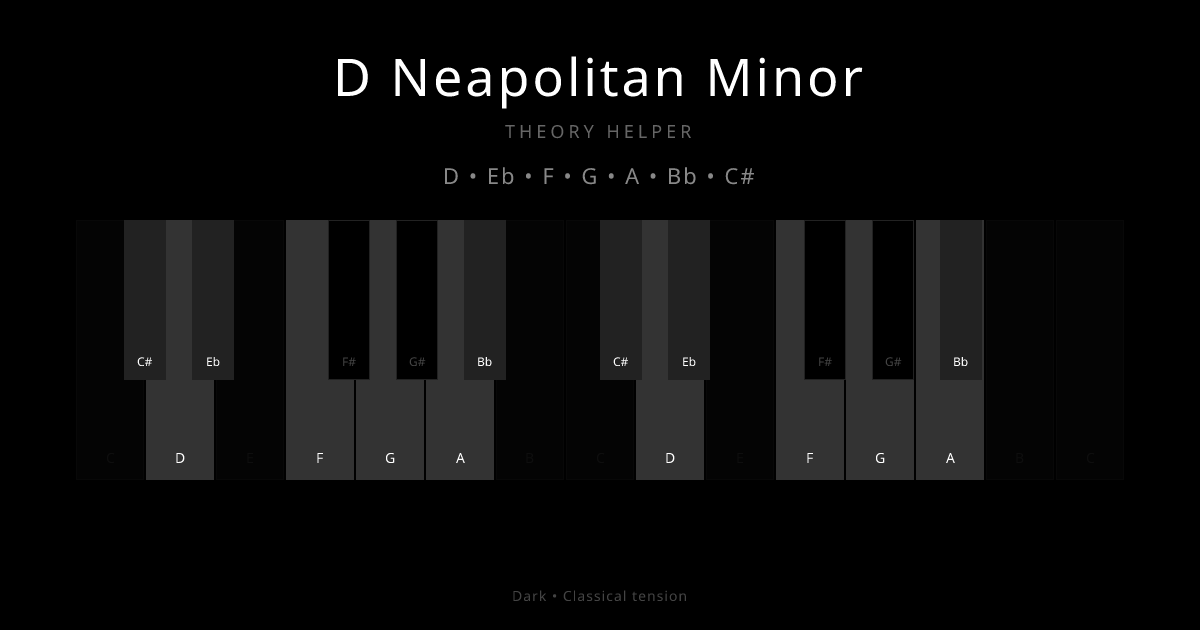 D Neapolitan Minor scale shown on piano keyboard with notes D, Eb, F, G, A, Bb, C# highlighted