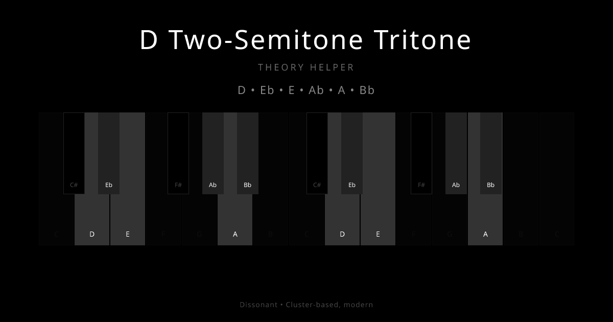 D Two-Semitone Tritone scale shown on piano keyboard with notes D, Eb, E, Ab, A, Bb highlighted