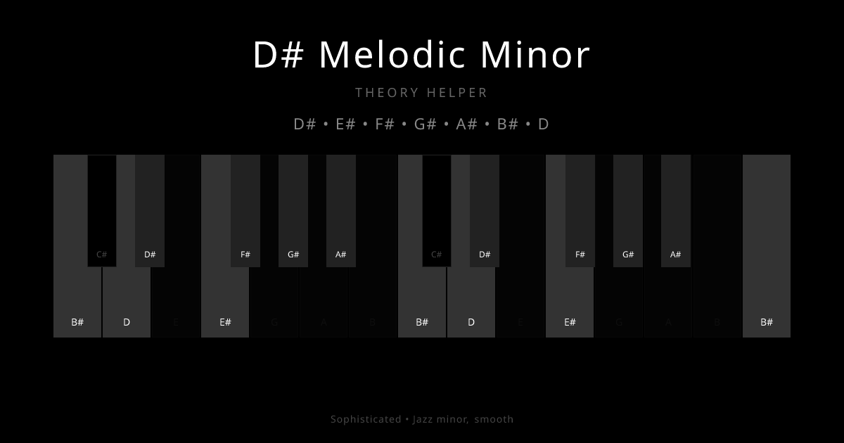D# Melodic Minor scale shown on piano keyboard with notes D#, E#, F#, G#, A#, B#, D highlighted
