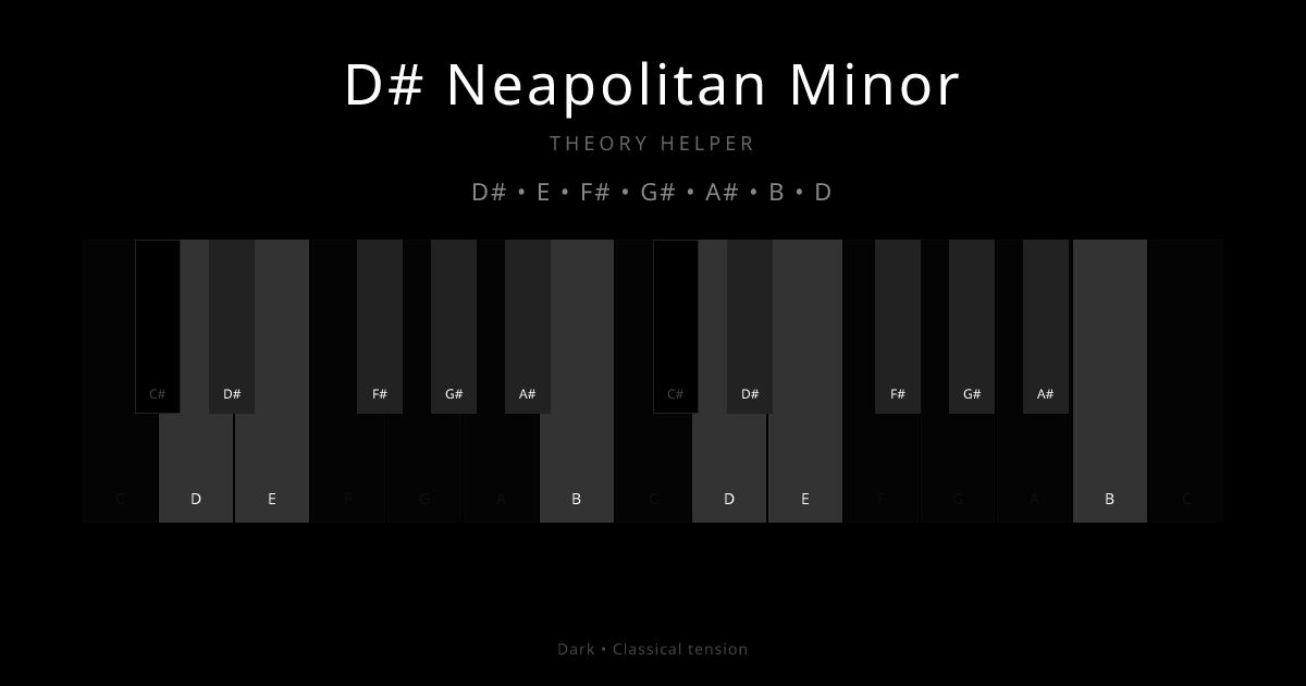 D# Neapolitan Minor scale shown on piano keyboard with notes D#, E, F#, G#, A#, B, D highlighted