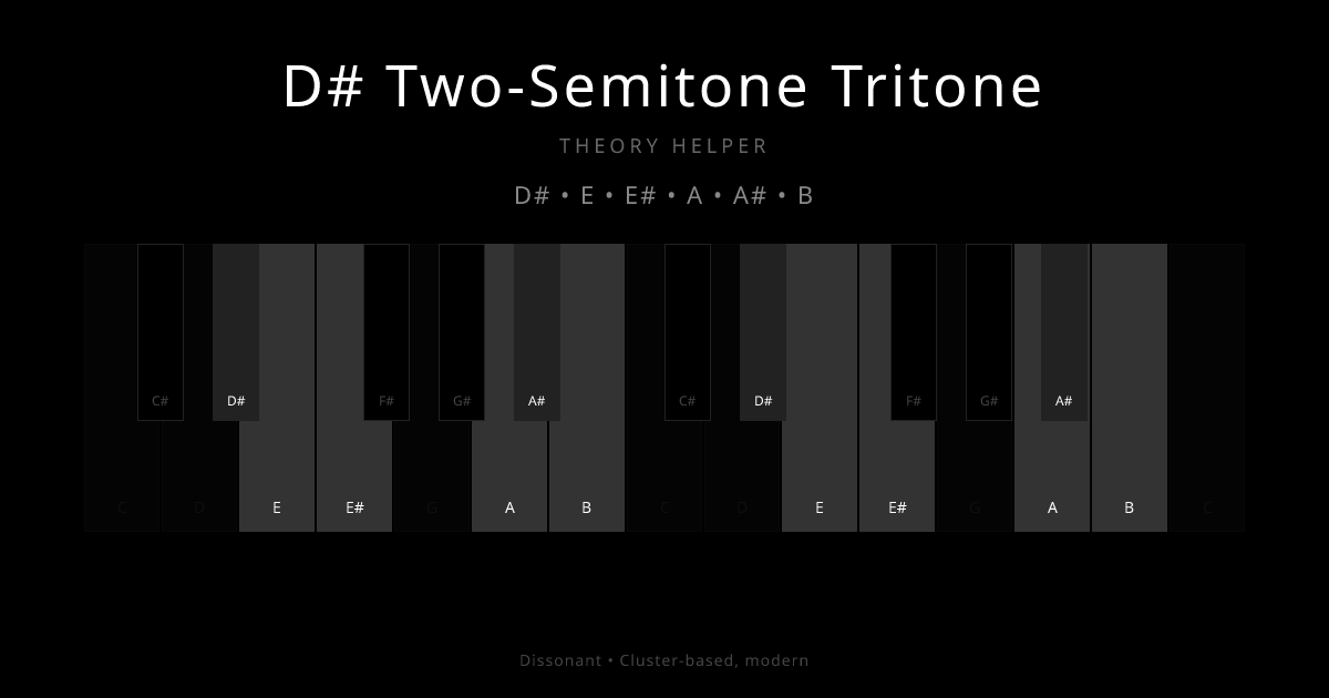 D# Two-Semitone Tritone scale shown on piano keyboard with notes D#, E, E#, A, A#, B highlighted