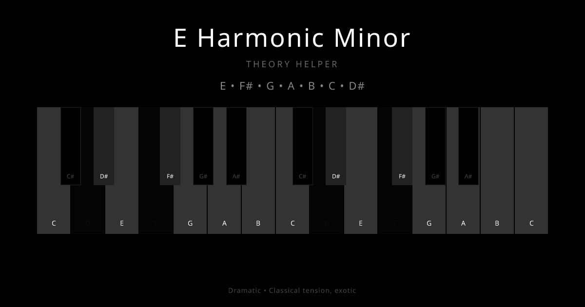 E Harmonic Minor scale shown on piano keyboard with notes E, F#, G, A, B, C, D# highlighted