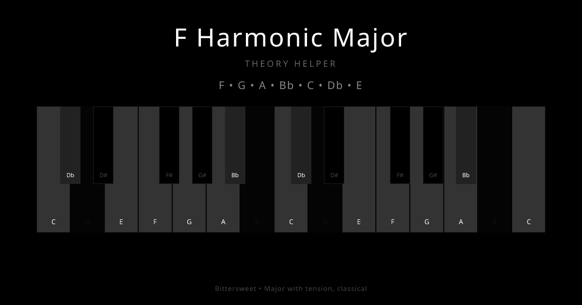 F Harmonic Major scale shown on piano keyboard with notes F, G, A, Bb, C, Db, E highlighted