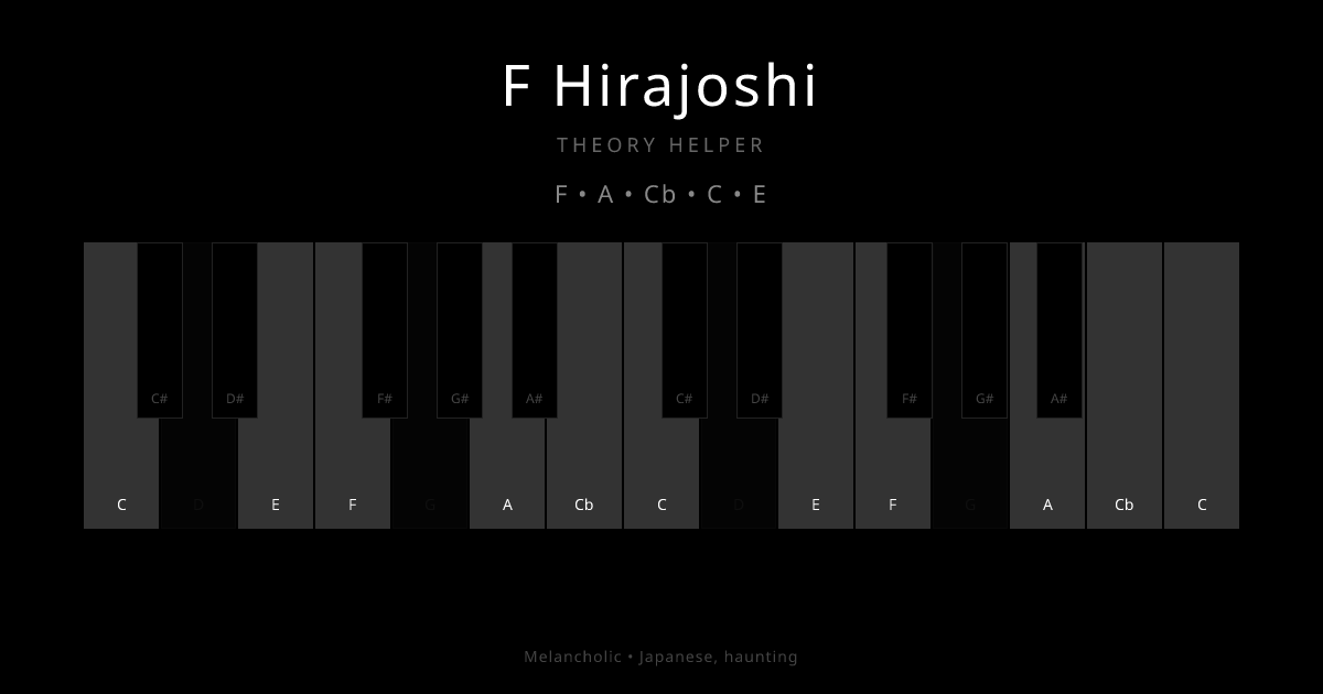 F Hirajoshi scale shown on piano keyboard with notes F, A, Cb, C, E highlighted