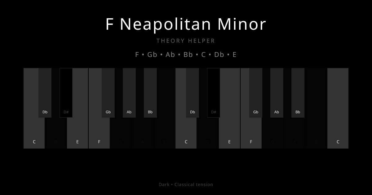 F Neapolitan Minor scale shown on piano keyboard with notes F, Gb, Ab, Bb, C, Db, E highlighted