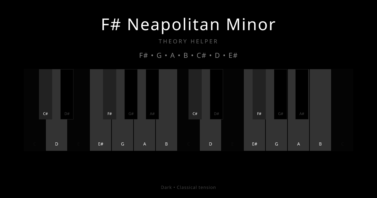 F# Neapolitan Minor scale shown on piano keyboard with notes F#, G, A, B, C#, D, E# highlighted